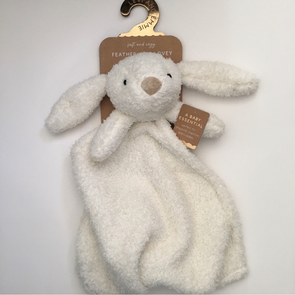 Lovey Bunny Soft Baby Toy Security Blanket Feather Knit NEW | Levi and Emmie